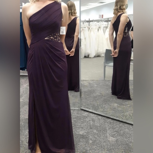 David's Bridal One-Shoulder Plum Bridesmaid Dress - Picture 3 of 3